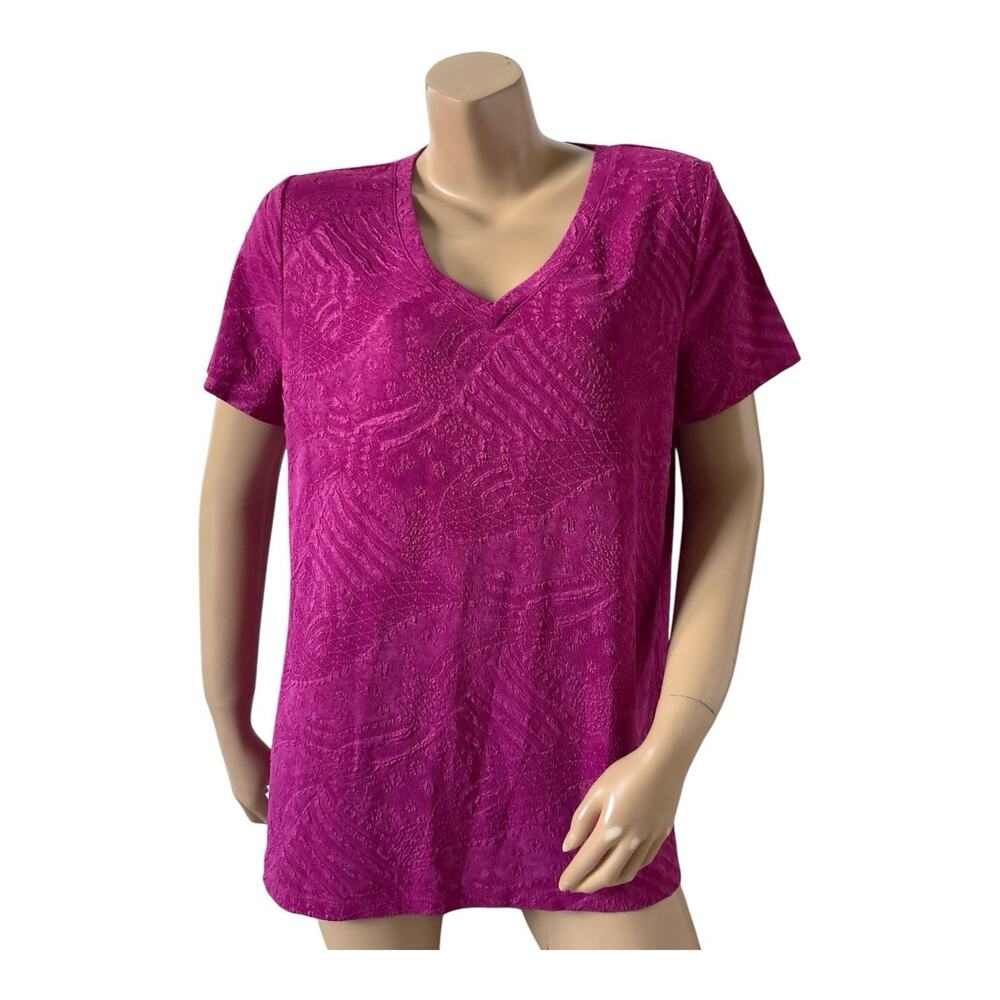 White Stag Top Womens XL 16-18 Fuchsia Pink Slinky V Neck Short Sleeve Stretch
